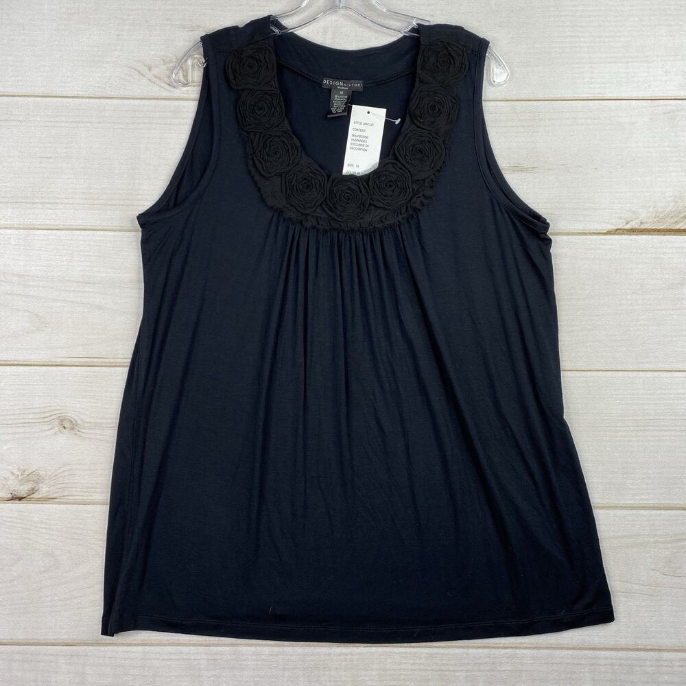 Vtg Design History Top Sz 1X Black Sleeveless Scoop Flowers Cottagecore NWT